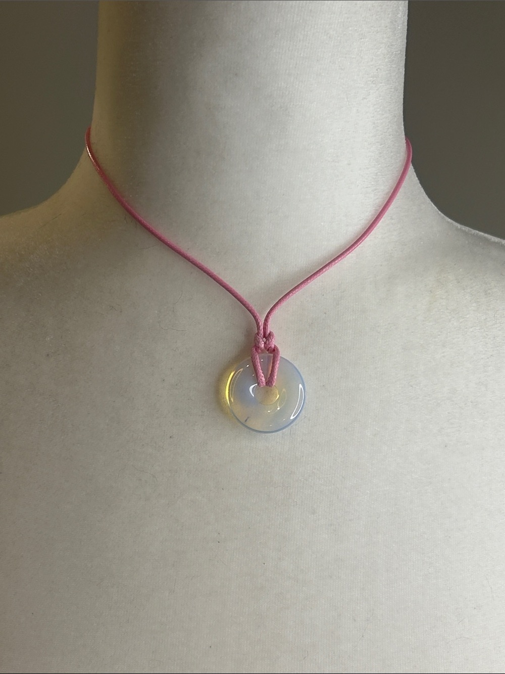Pink Cord Choker with Iridescent Milky Quartz Donut 1” Pendant Necklace New